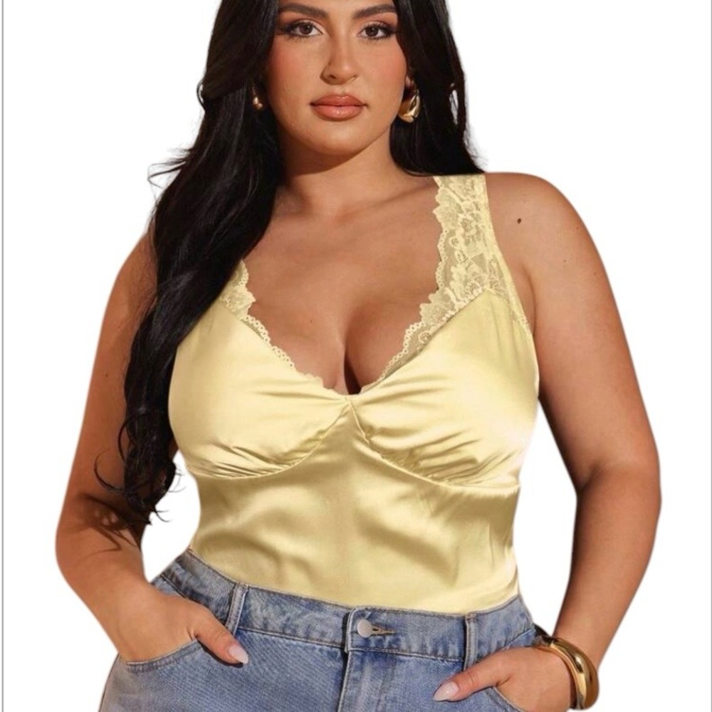 SHEIN BAE Yellow Satin Lace Trim V-Trim Camisole Top Size 3X